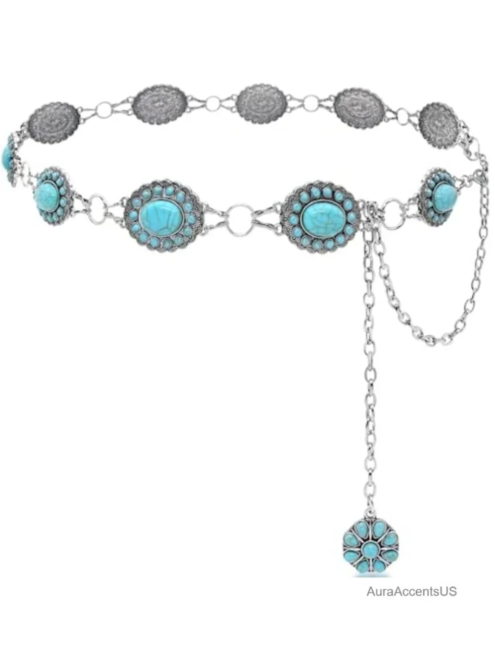 Turquoise Concho Belt Silver Western Chain Cowgirl Style Women